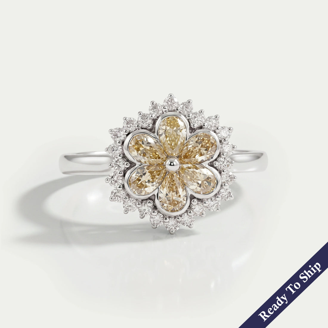 Yellow Pear Cut Lab Diamond Bezel Set Floral Style Halo Ring Ring