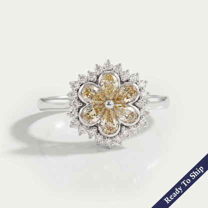 Yellow Pear Cut Lab Diamond Bezel Set Floral Style Halo Ring Ring