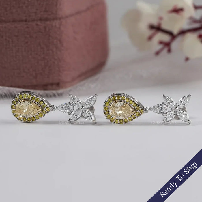 Yellow Pear Diamond Halo Drop Earrings
