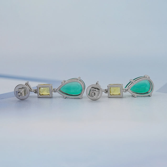 Green Pear And Yellow Radiant Diamond Drop Earrings