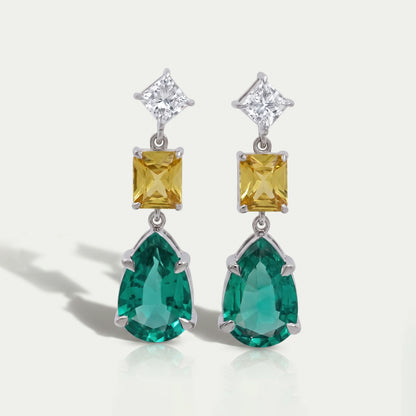 Green Pear And Yellow Radiant Diamond Drop Earrings