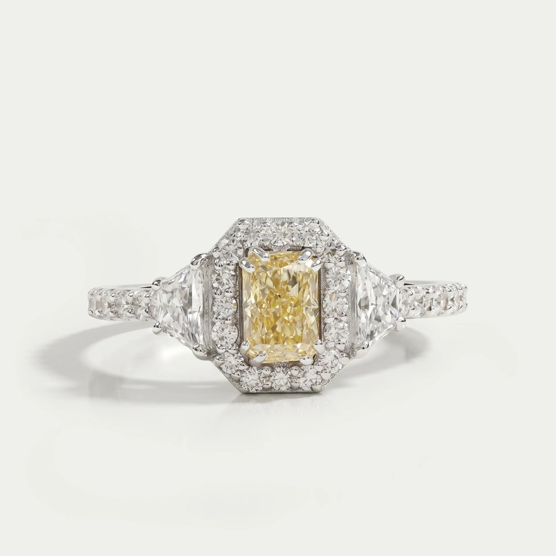 Yellow Radiant Cut Halo Three Stone Engagement Ring