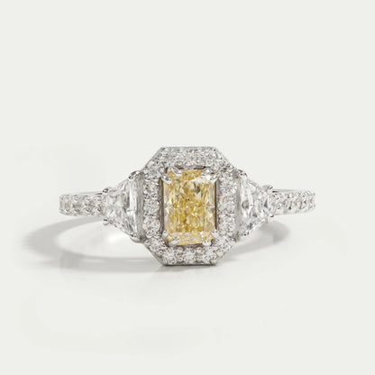 Yellow Radiant Cut Halo Three Stone Engagement Ring