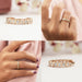 Collage image of Round and Baguette Bezel Set Wedding Band on a hand with light purple nail polish against soft pink and blurred backgrounds.