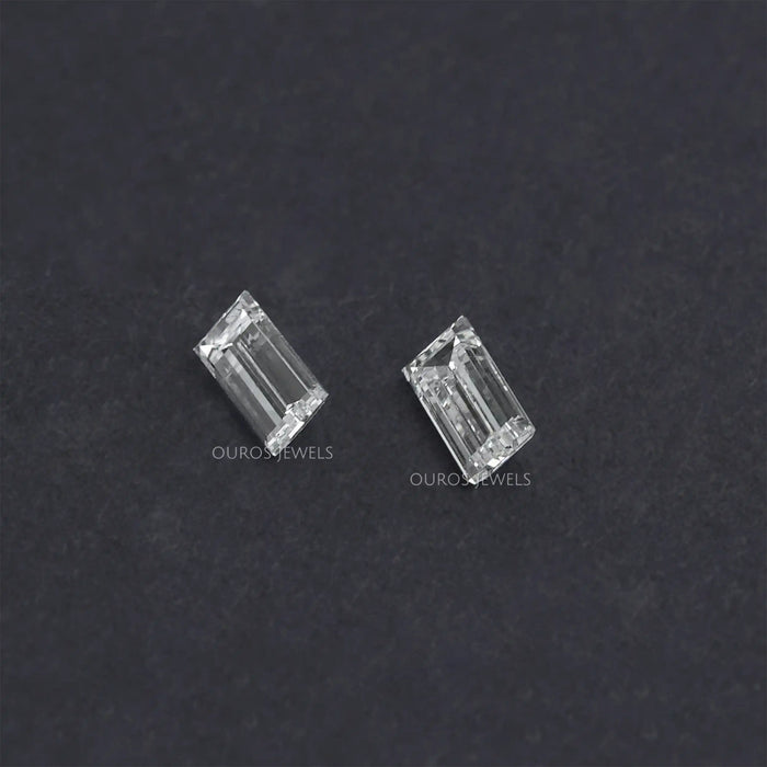 [close up view of baugette shaped lab grown diamond]-[Ouros Jewels]