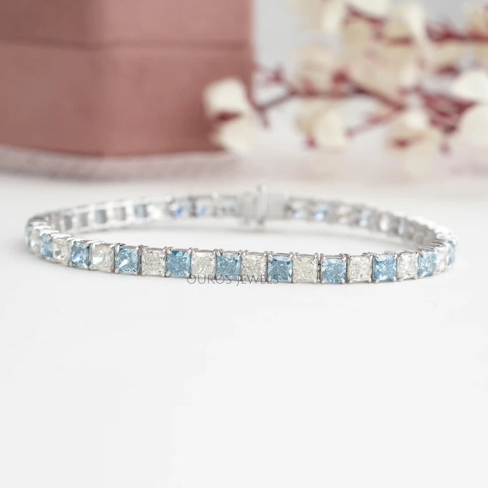 [Blue Cushion Cut Diamond Bracelet]-[Ouros Jewels]