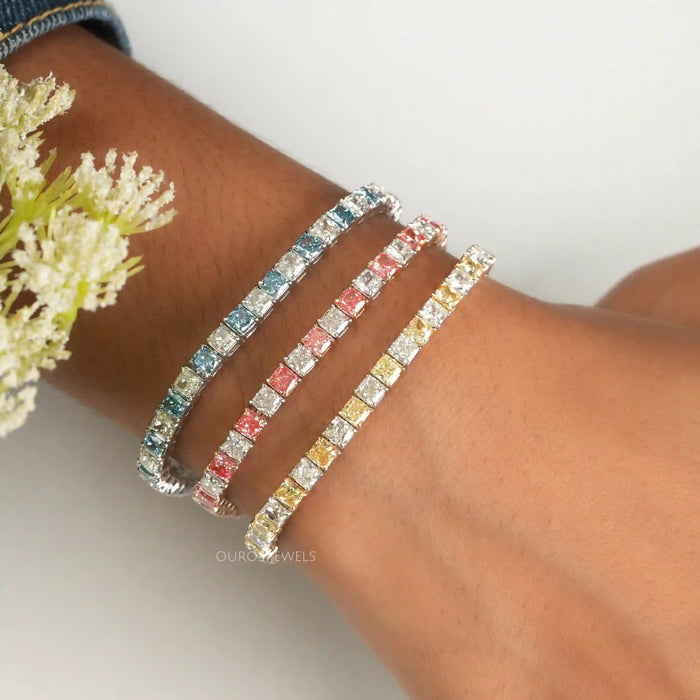 [A Women wearing Blue, Pink, Yellow Lab Diamond Bracelet]-[Ouros Jewels]