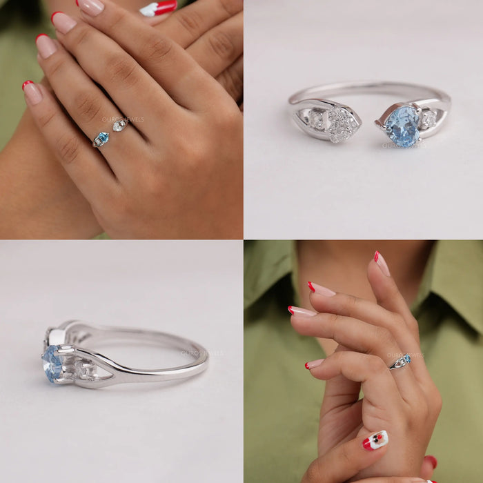 Multi View In One Image Of Fancy Blue Heart Cut Lab Diamond Open Cuff Dainty Engagement Ring
