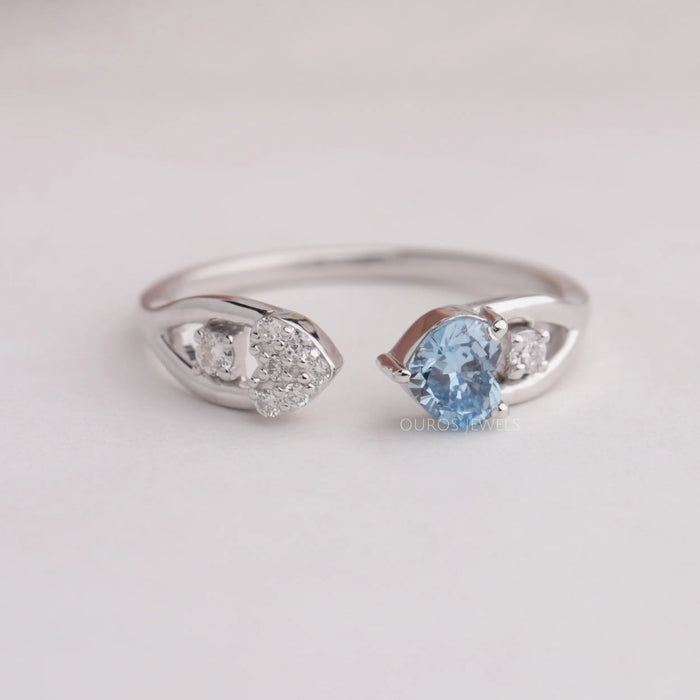 Brilliant Shine Of Fancy Color Lab Diamond Heart Shape With Round Cut Lab Diamond Side Stone Open Cuff Engagement Ring Made With 14K White Gold