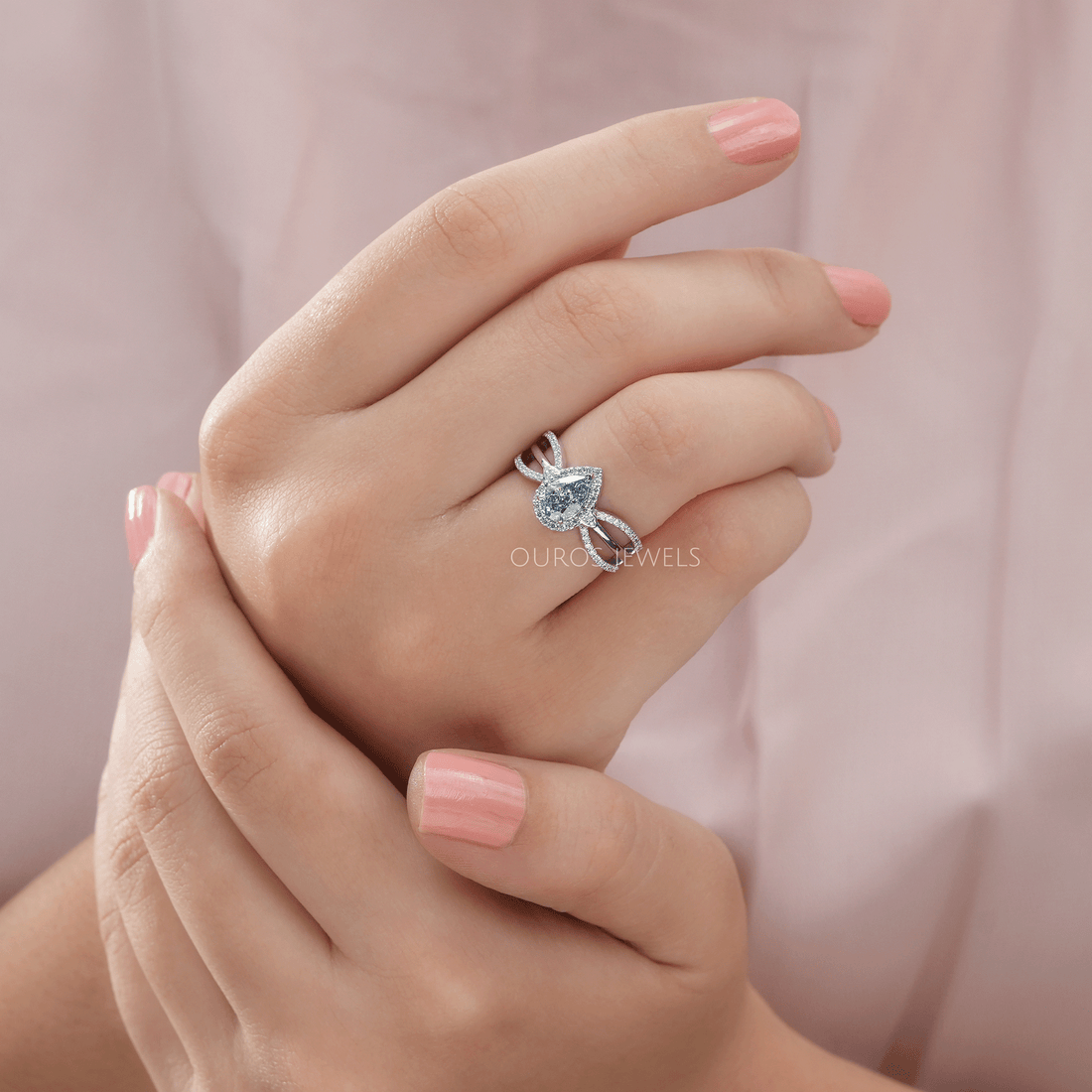 Blue Pear Cut Halo Accent Diamond Engagement Ring