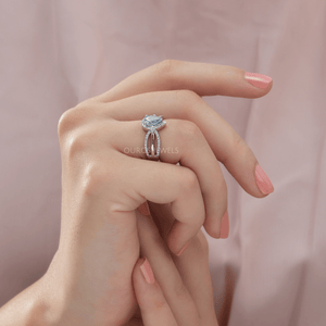 [On Finger Side View Of VS Clarity Lab Diamond Halo Engagement Ring]-[Ouros Jewels]