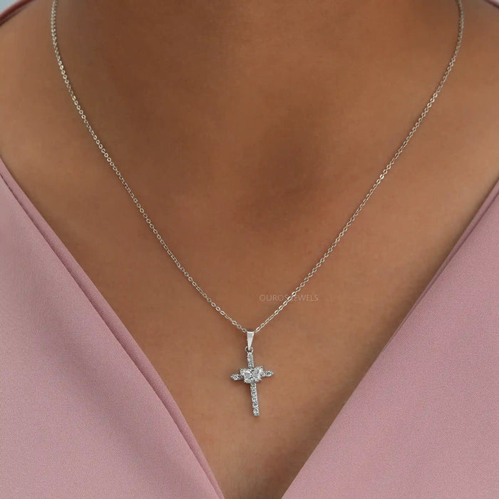 [Butterfly Cut Lab Diamond Cross Pendant]-[Ouros Jewels]