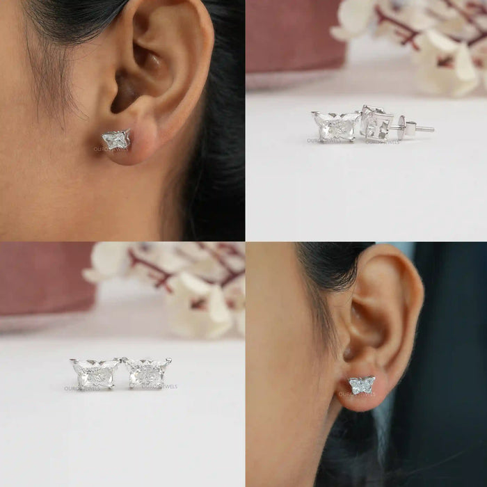 Collage View of Butterfly Cut Diamond Stud Earrings