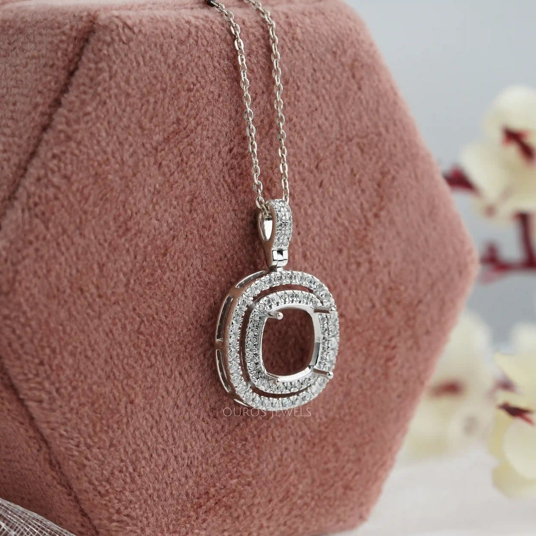 Cushion Shape Double Halo Semi Mount Pendant Necklaces