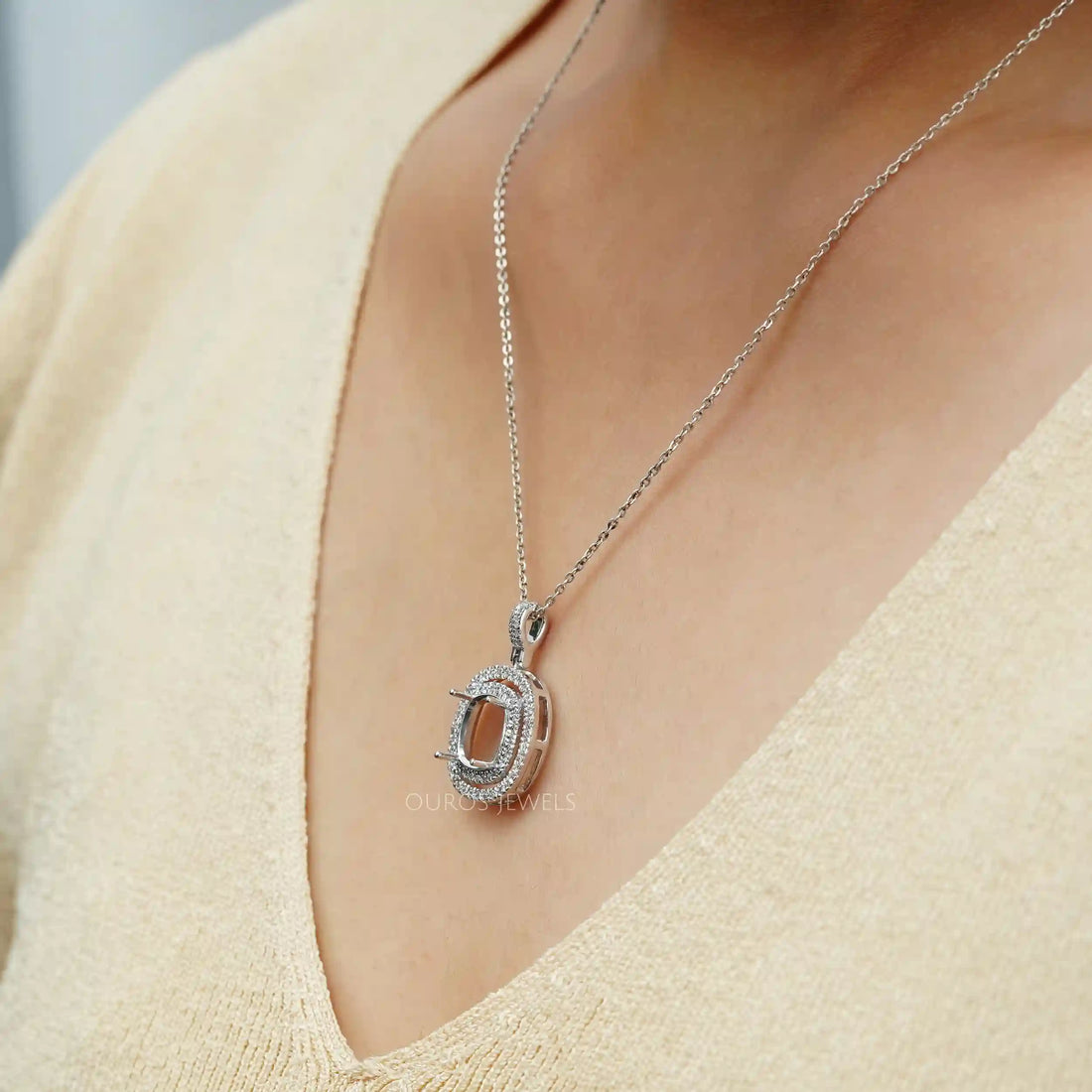 Cushion Shape Double Halo Semi Mount Pendant Necklaces