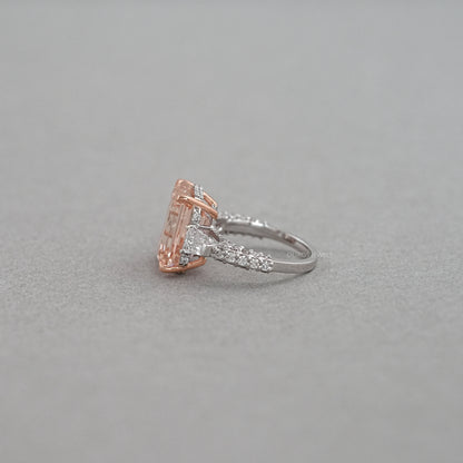 Pink Emerald Lab Diamond Three Stone Hidden Halo Ring Rings