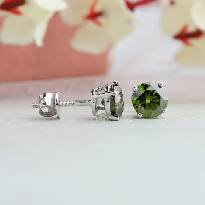 Green Round Cut Diamond Stud Earrings
