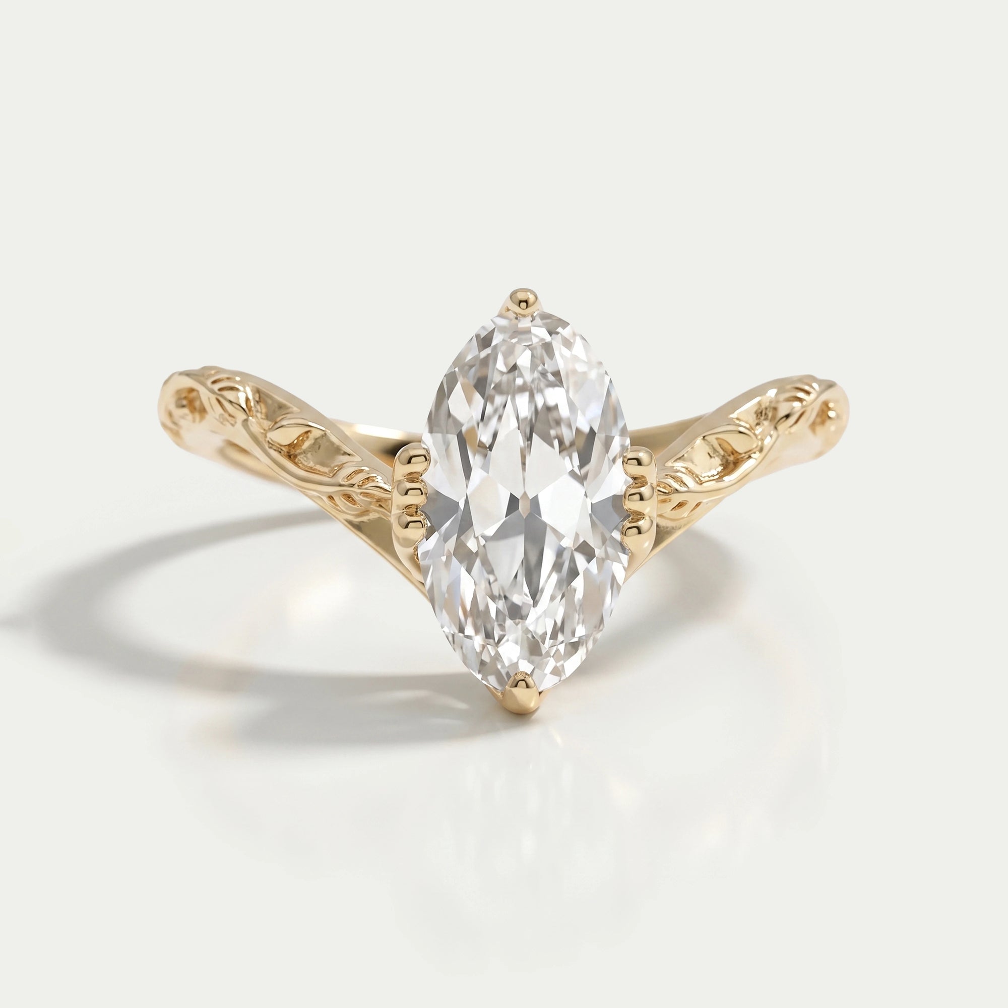Old Mine Moval Cut Engraved Curved Engagement Ring Rings