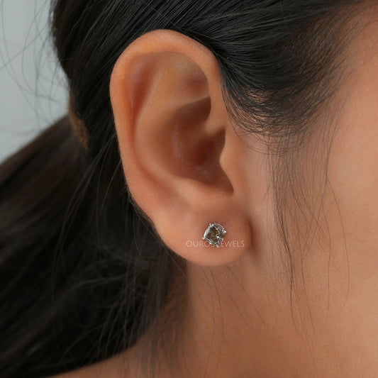 Olive Cushion Cut Solitaire Diamond Stud Earrings