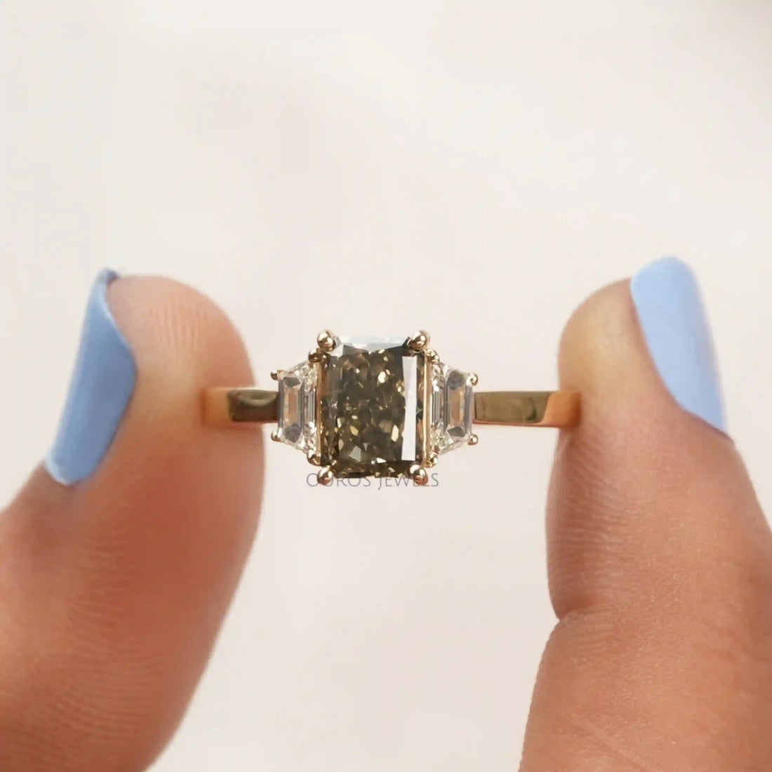 Olive Radiant Cut Three Stone Lab Grown Diamond Engagement Ring Rings