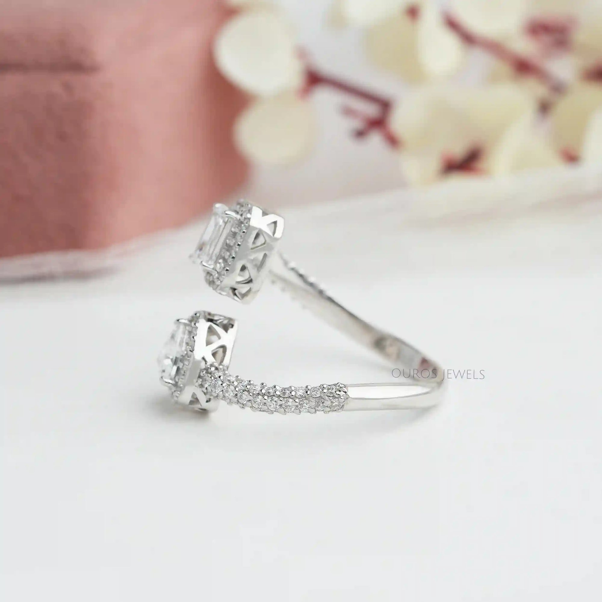 Emerald And Trilliant Cut Halo Lab Diamond Bypass Engagement Ring