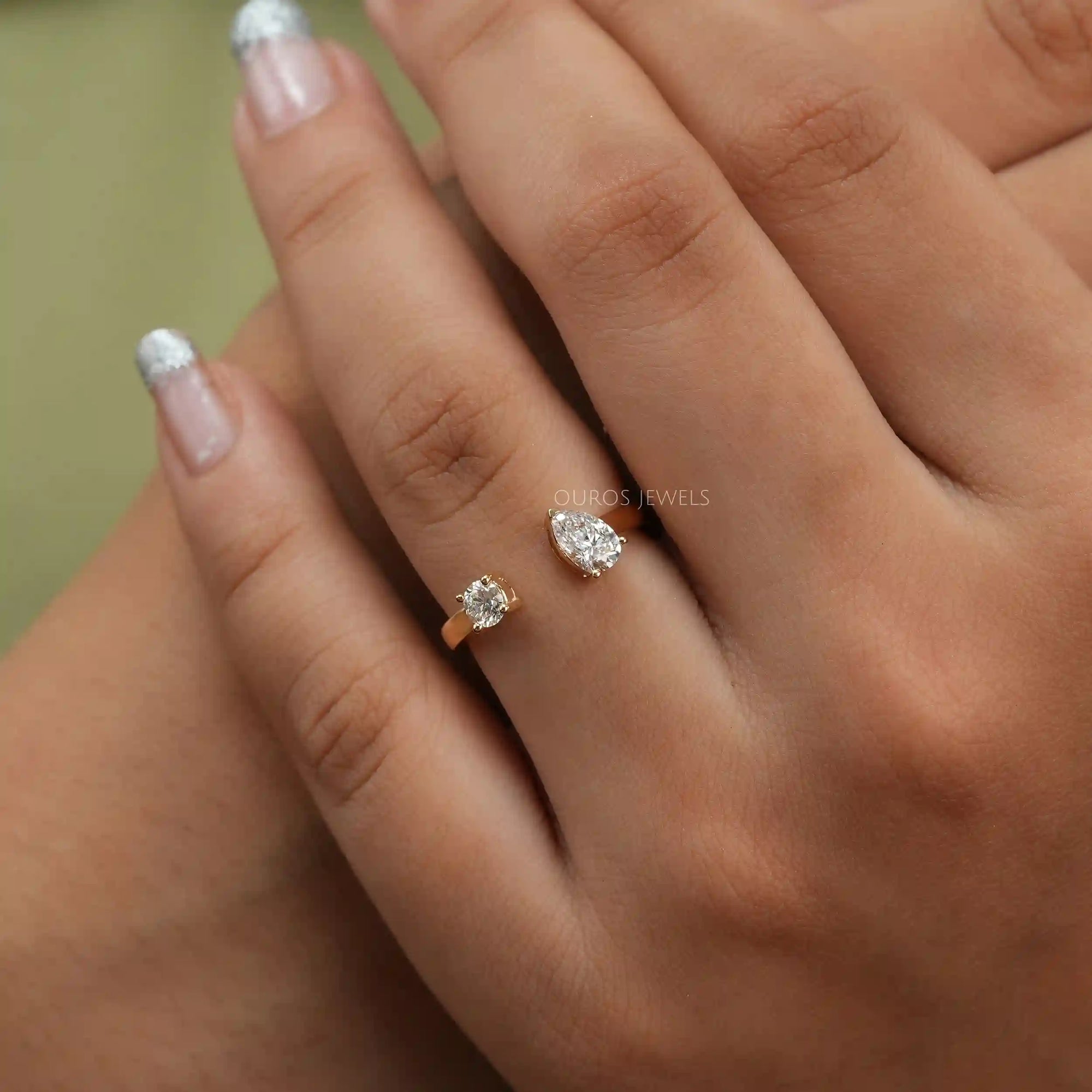 Pear And Round Cut Lab Diamond Open Cuff Ring Ring