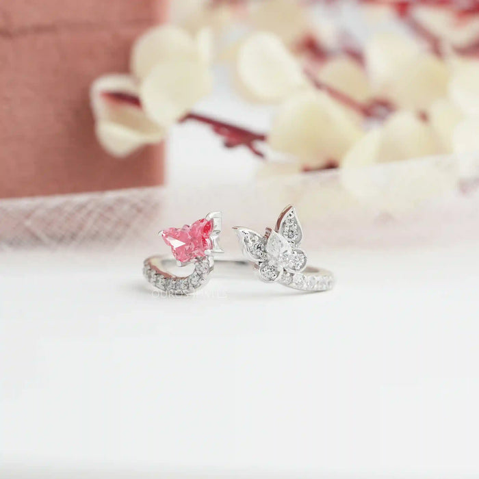 [Front View of Butterfly and Pear Diamond Open Cuff Ring]-[Ouros Jewels]
