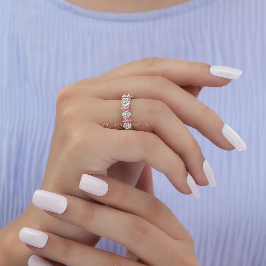 Pink Oval Cut Full Eternity Wedding Band