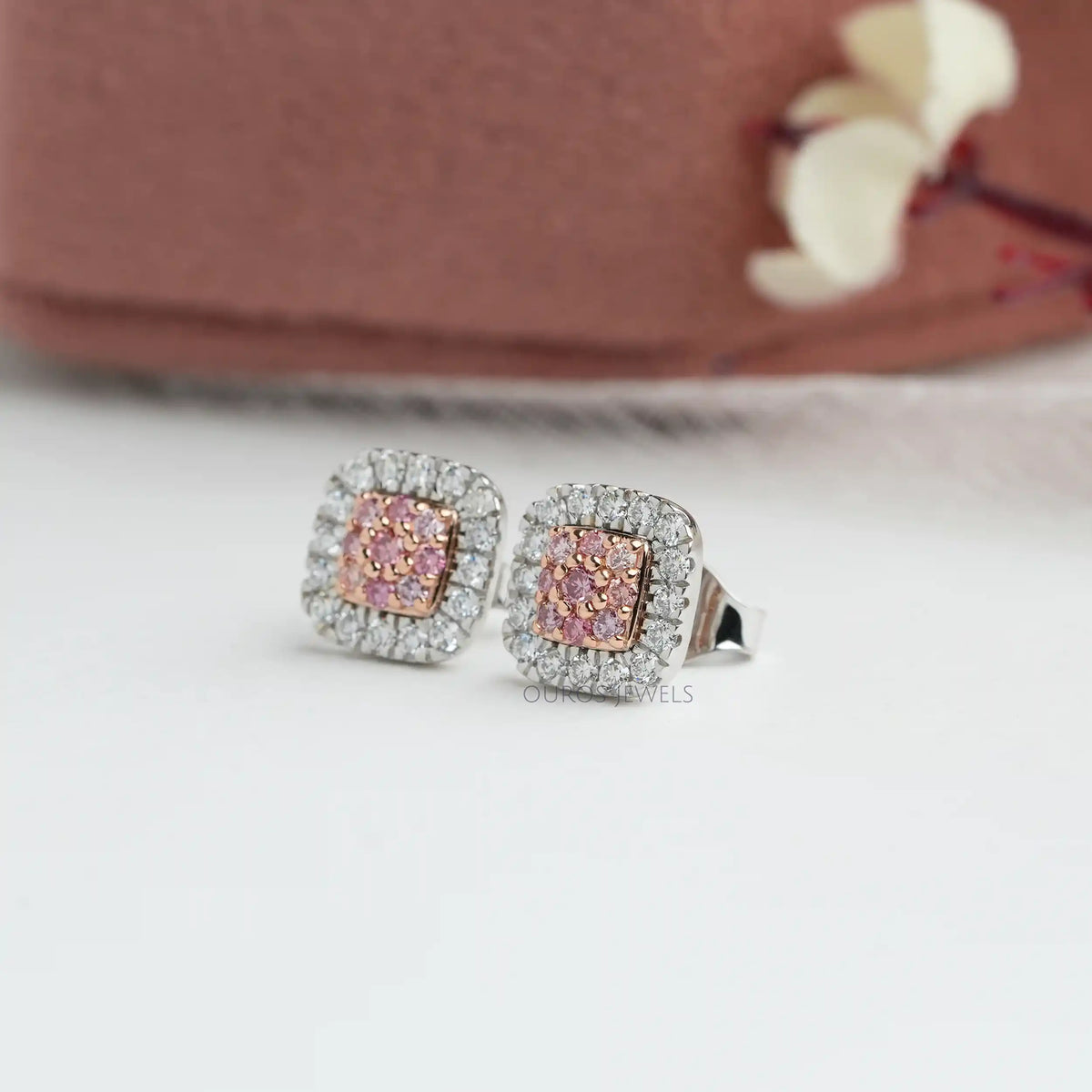 Pink Round Cut Lab Grown Diamond Halo Stud Earrings Earrings