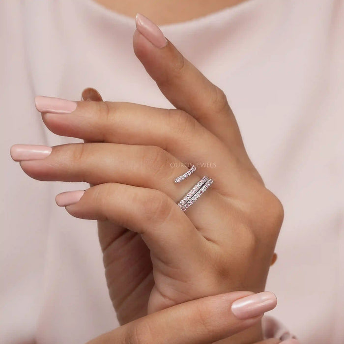 [A Women wearing Pink Round Diamond Bypass Ring]-[Ouros Jewels]
