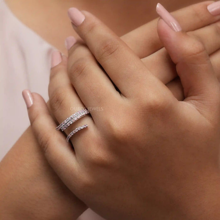 [A Women wearing Pink Diamonds Wedding Band for Women]-[Ouros Jewels]