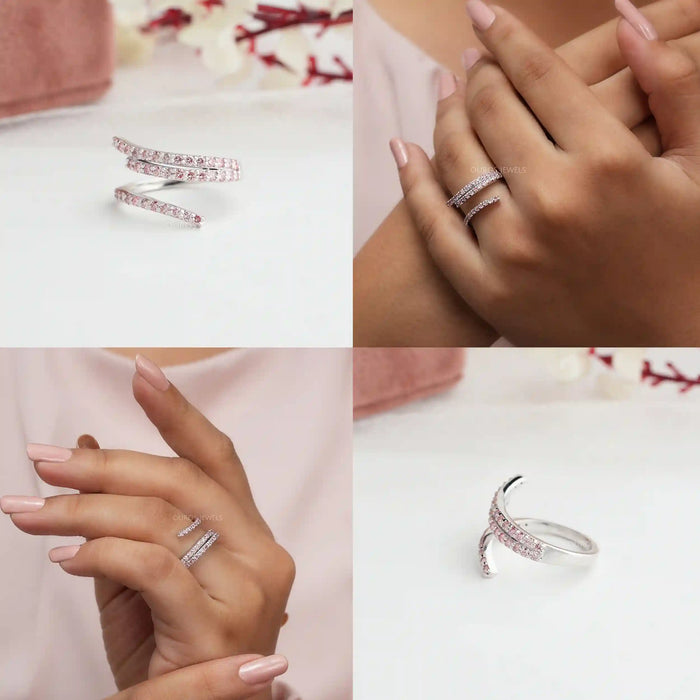 [Collage view of Pink Lab Diamond Bypass Wedding Ring]-[Ouros Jewels]