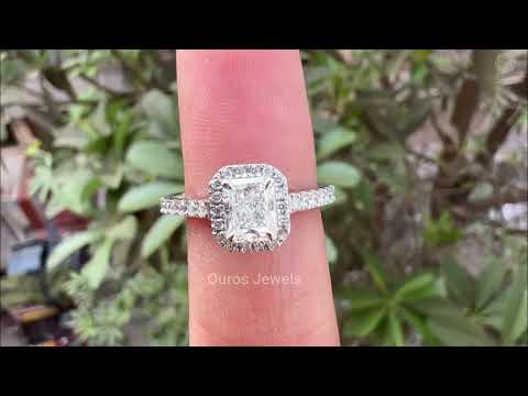 Radiant diamond halo engagement ring