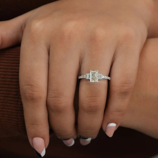 [A Women wearing Three Stone Engagement Ring]-[Ouros Jewels]