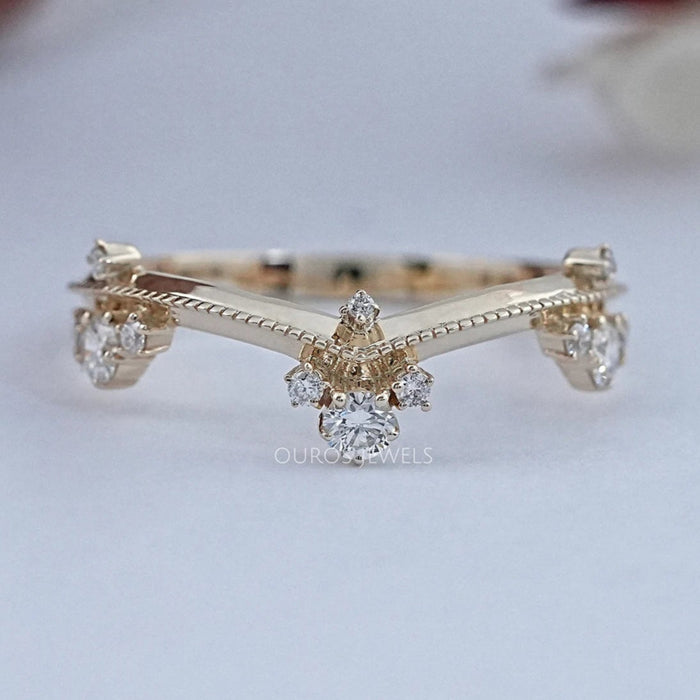Round Diamond Crown Style Chevron Ring