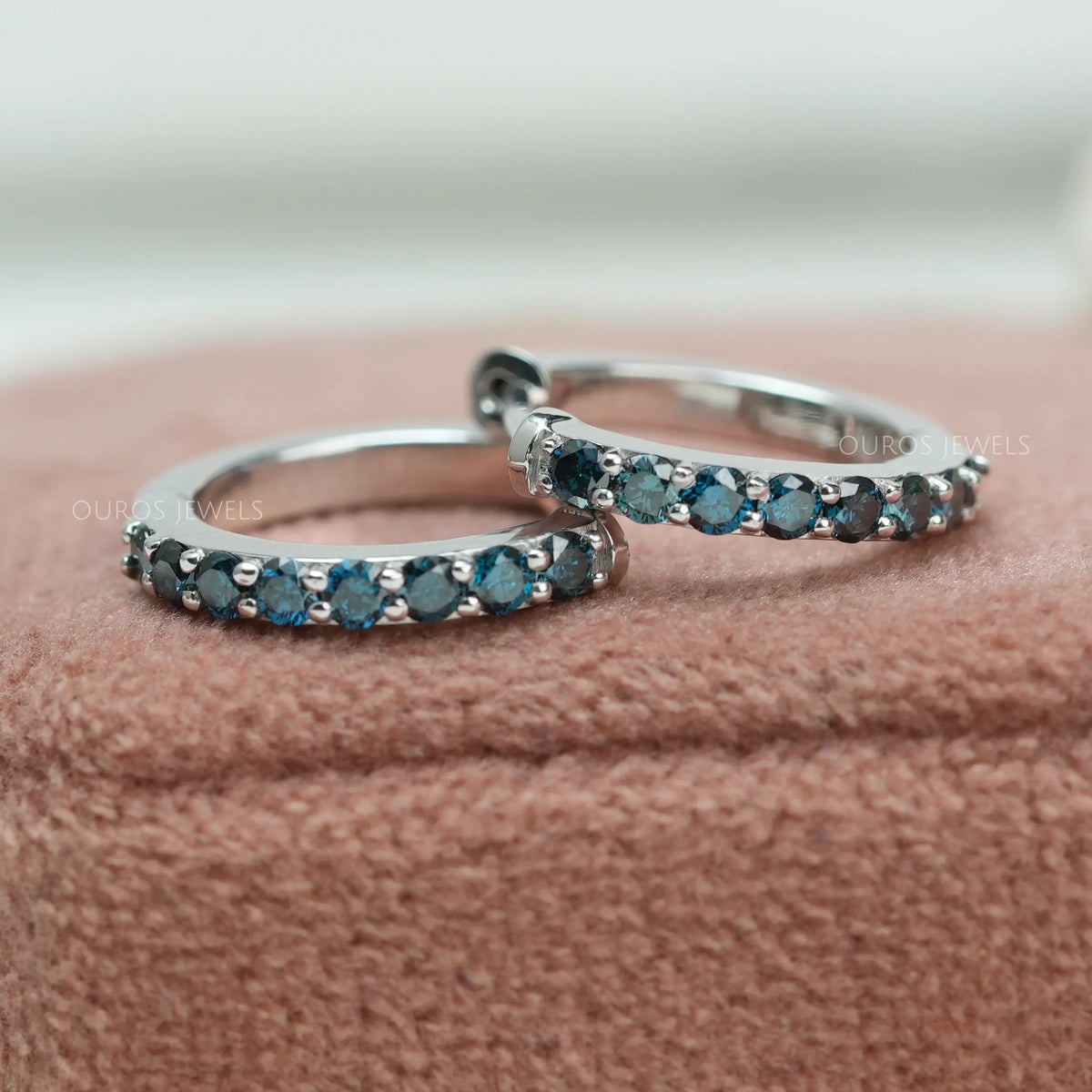 Fancy Round Cut Lab Grown Diamond Hoop Huggie Earrings Blue Earring