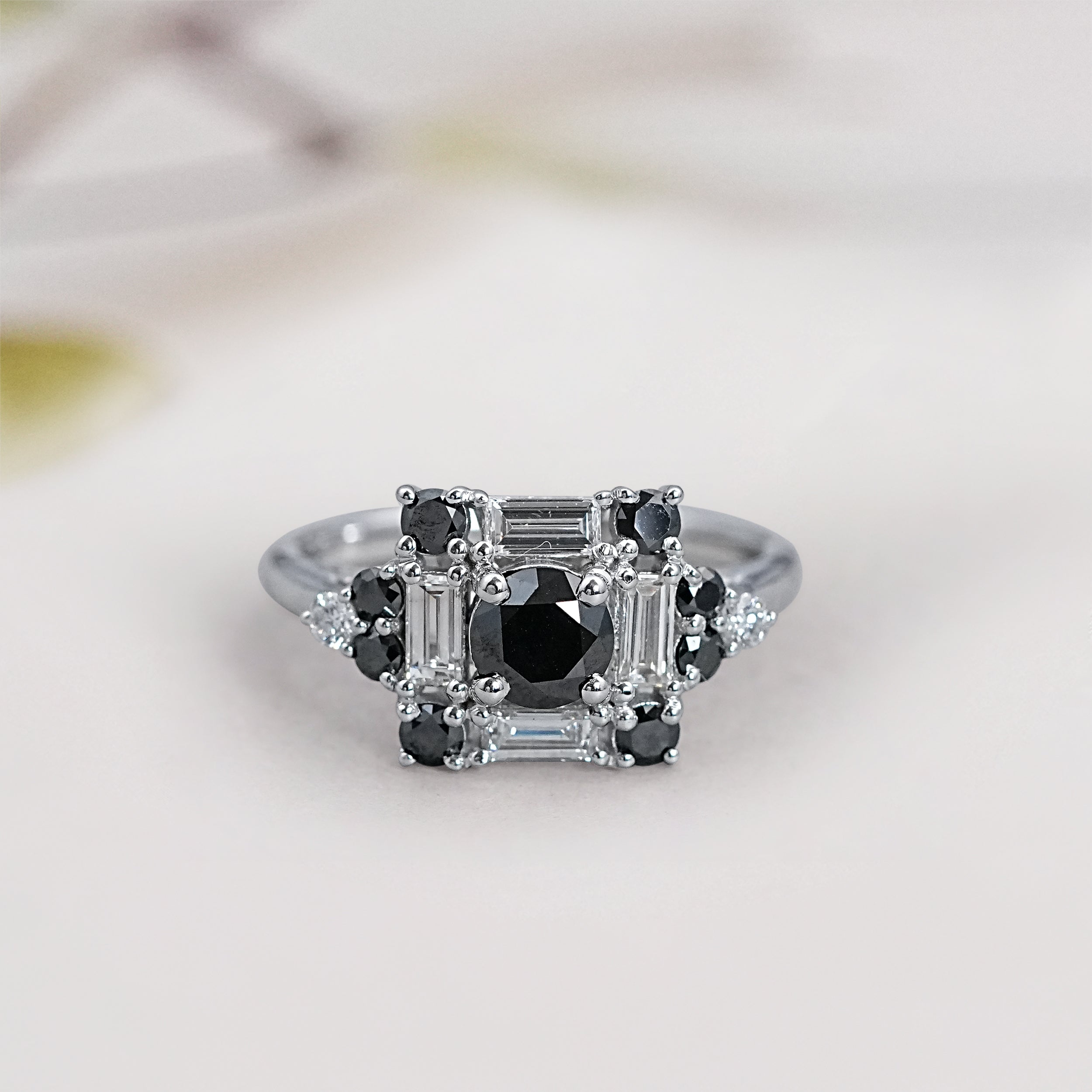 Round black diamond art deco ring