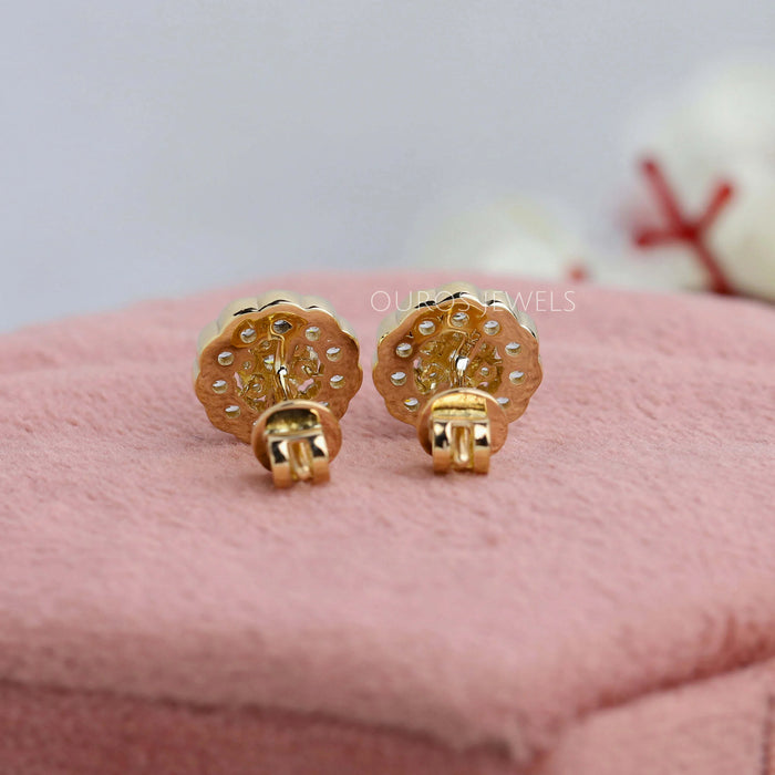back view of round cut cluster lab grown diamond studs earrings yellow gold
