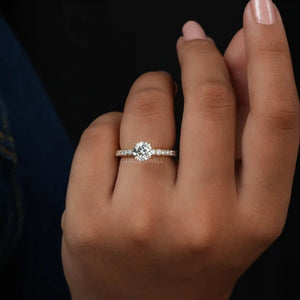 [a women wearing round diamond accent ring]-[Ouros Jewels]