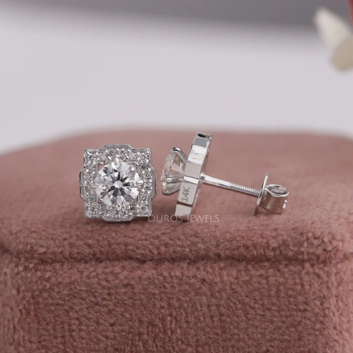 top and side view of round diamond 4 prong halo screw flat back stud earrings