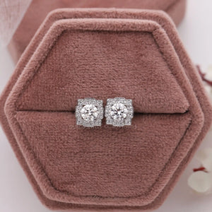 [round diamond halo stud earrings]-[Ouros Jewels]