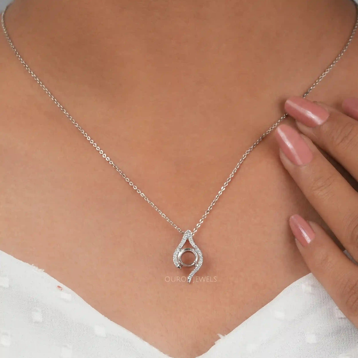 Round Cut Semi Mount Asymmetrical Pendant Necklaces