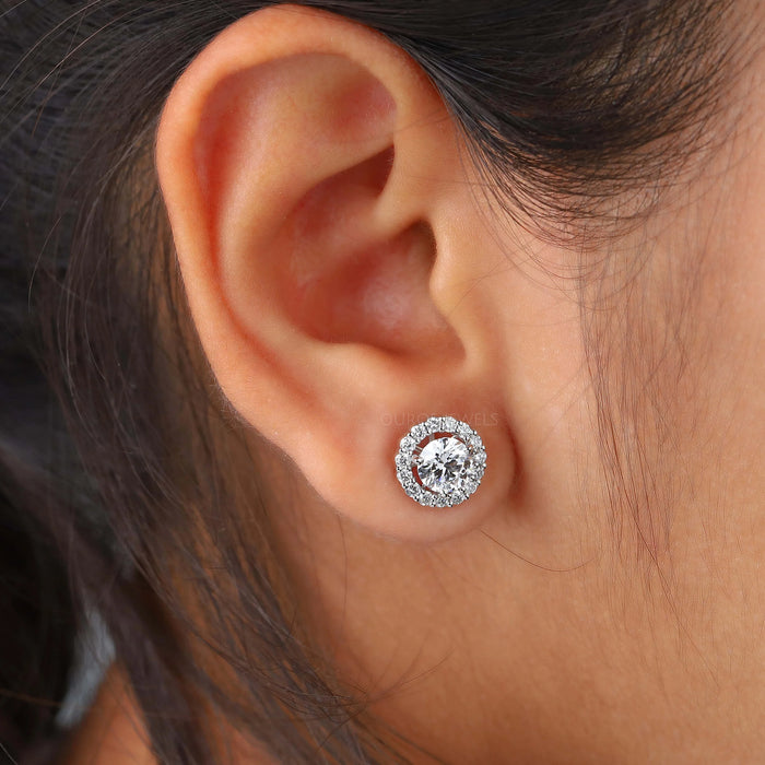 round cut lab created diamond white gold stud earrings halo on ear