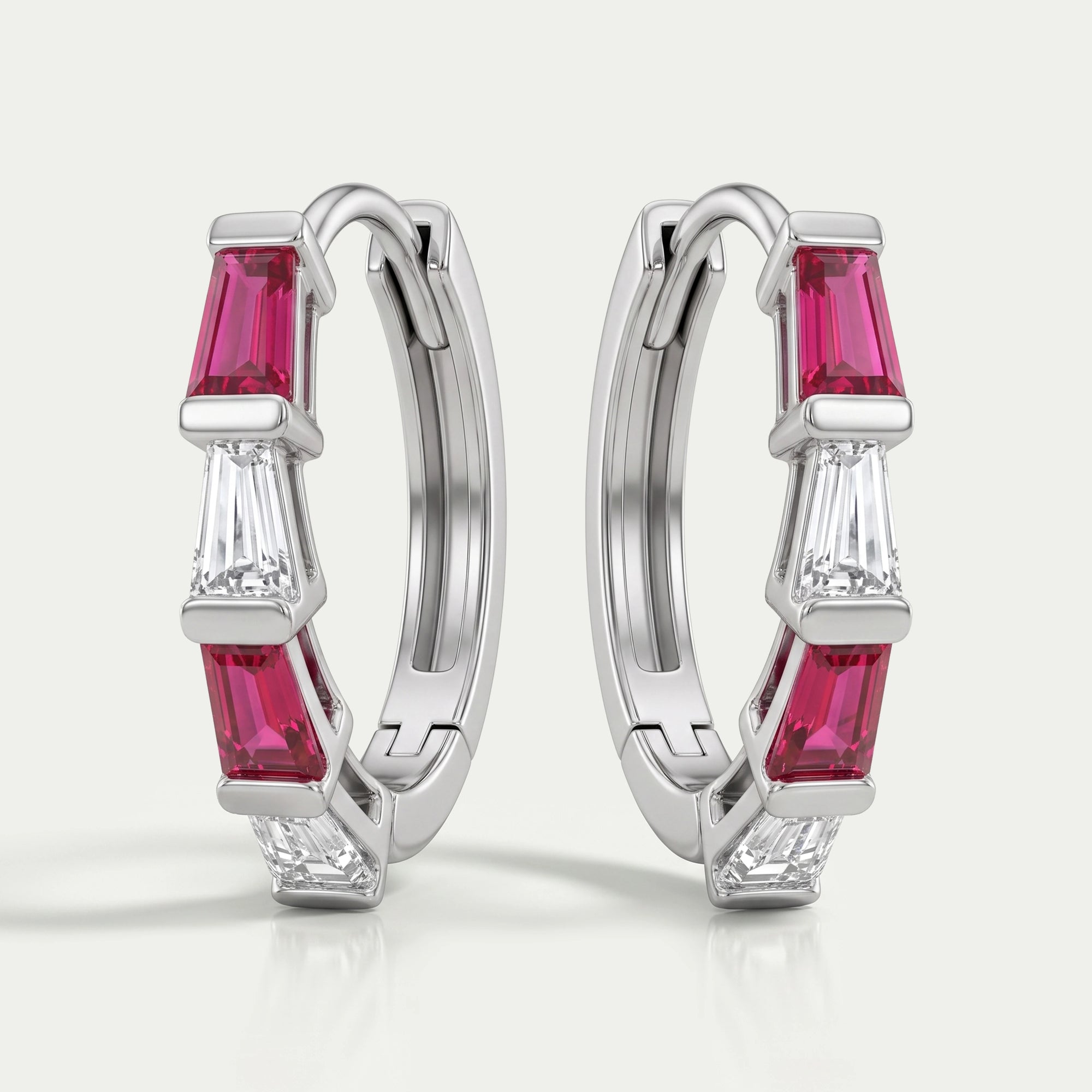 Ruby Tapered Baguette And Lab Diamond Hoop Earrings