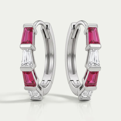 Ruby Tapered Baguette And Lab Diamond Hoop Earrings