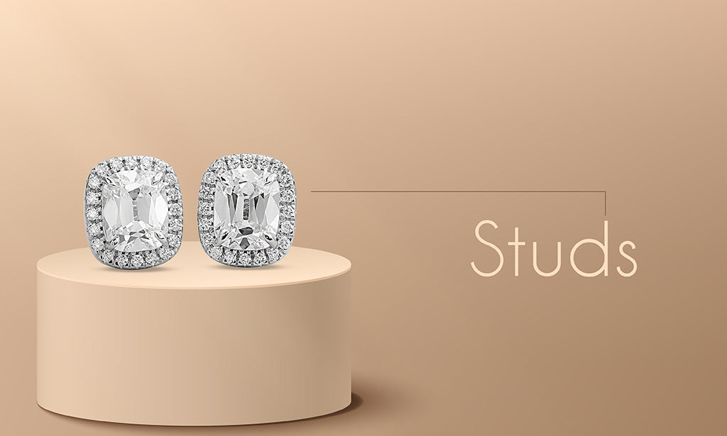 A high-quality image showcasing 3 different type of lab-grown diamond stud earrings
