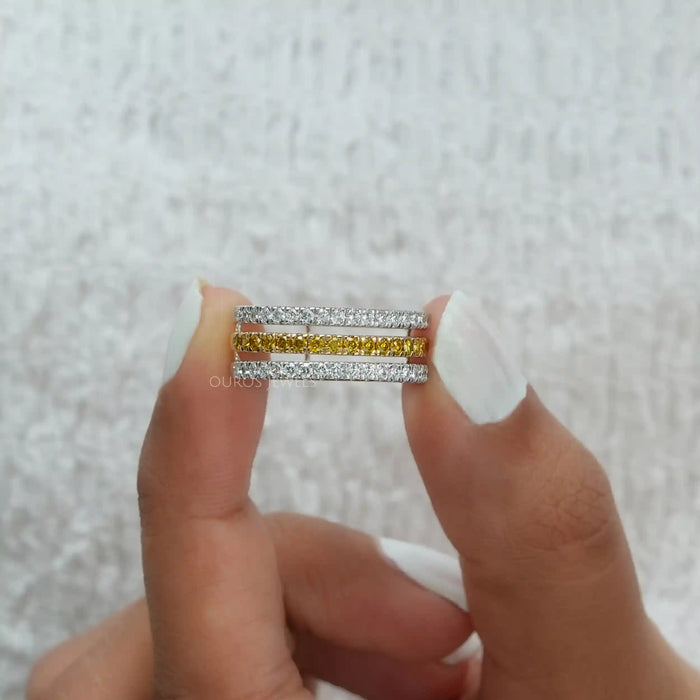 [A Women holding Round Cut Yellow Lab Diamond Ring]-[Ouros Jewels]