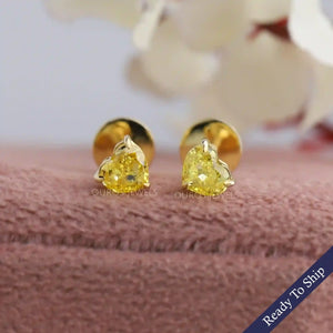 Yellow Heart Cut Solitaire Diamond  Stud Earrings