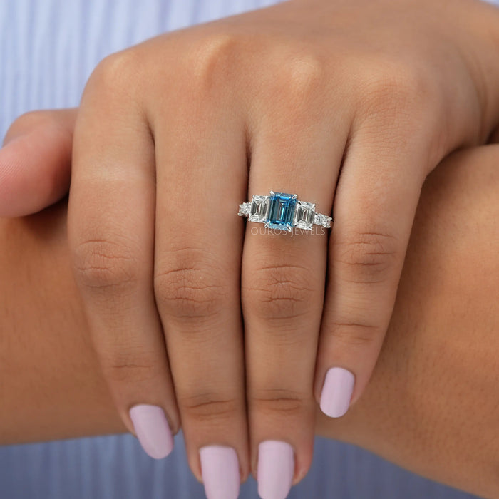 In Finger Front View Of Blue Emerald Lab Diamond Ring 