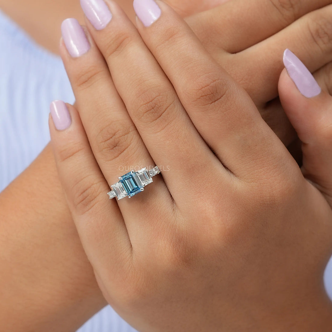 Blue Emerald Cut Lab Diamond Engagement Ring